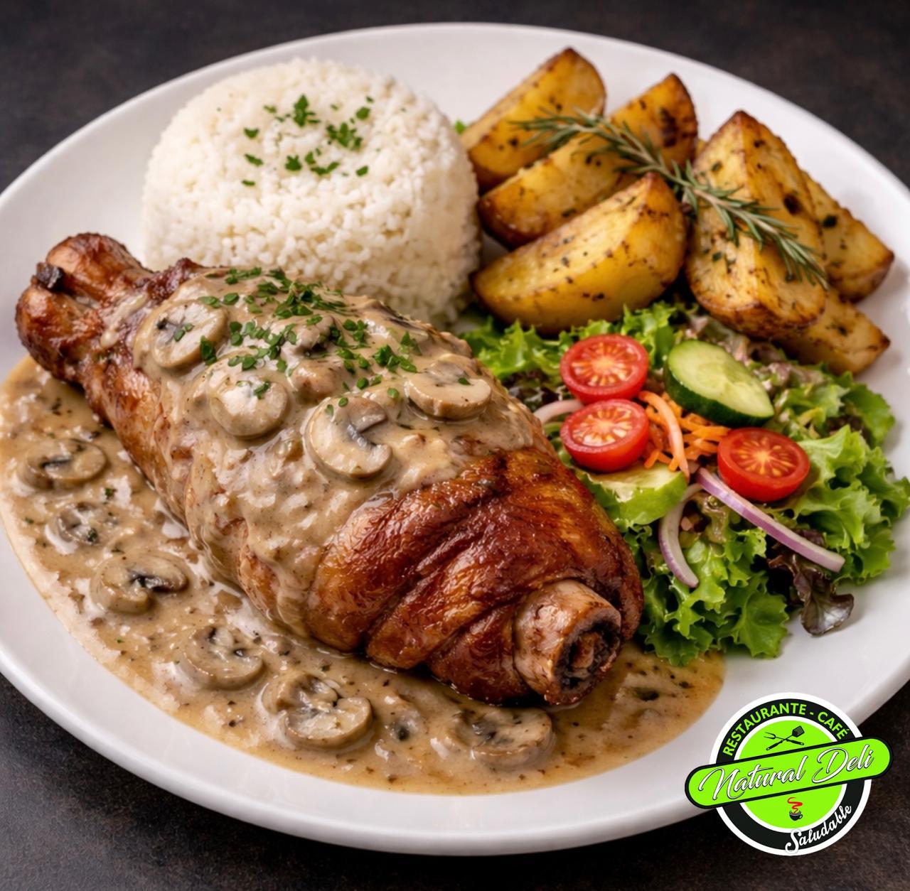 pierna-pernil-en-salsa-de-champiñones-natural-deli Rollo de pechuga primavera - Menú - Natural Deli - Restaurante saludable en Bogotá